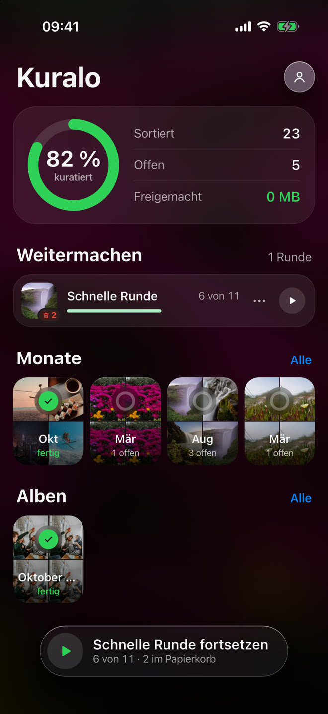 Kuralo home screen with the library ring at 82 percent, months and albums